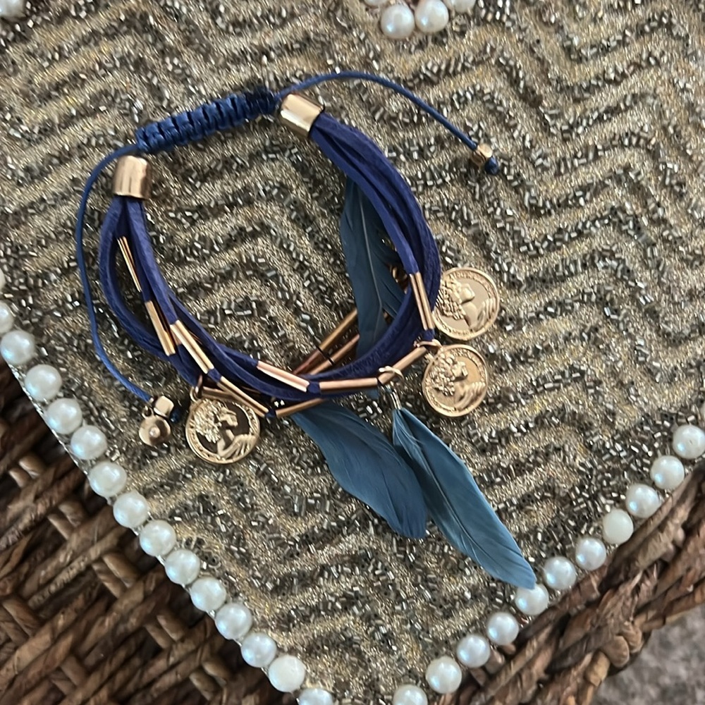 Pretty Adjustable Blue String Bracelet With Featjers and Gold Tone Coins